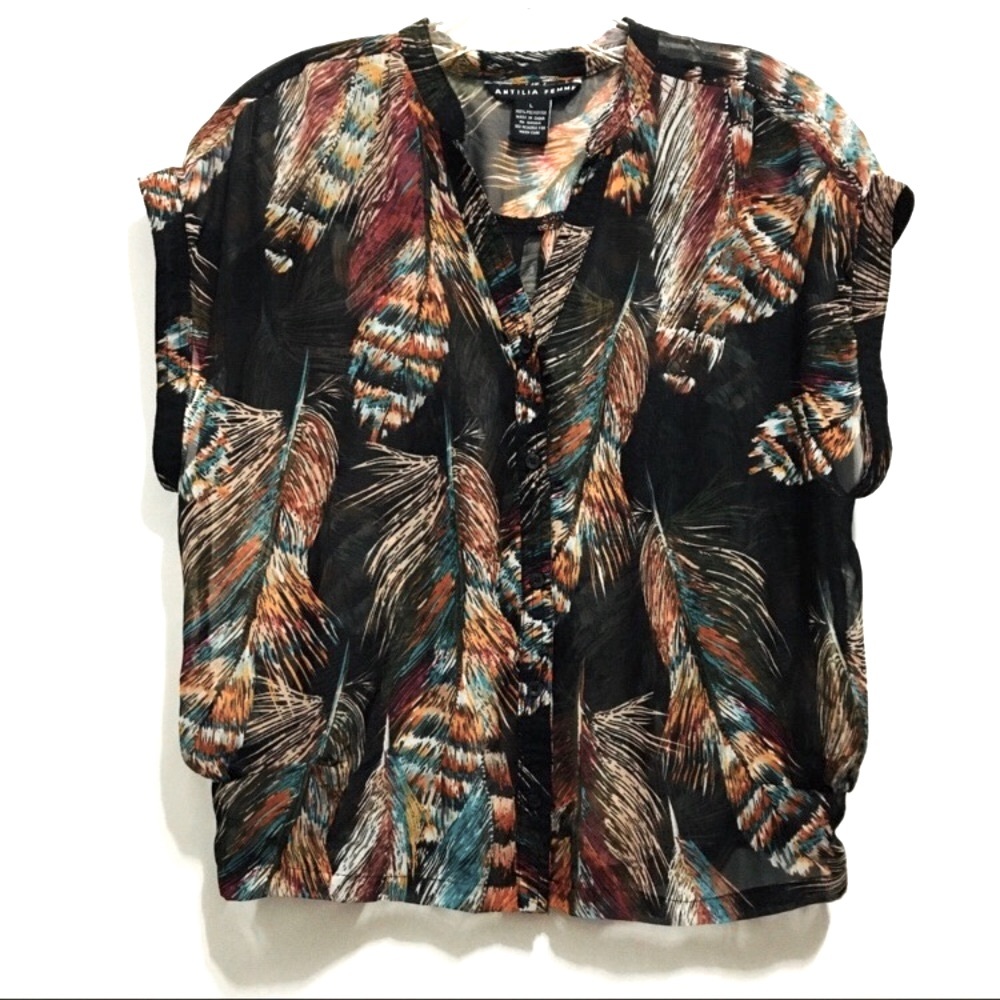 Antilia Femme Women’s V-Neck Paisley Feather Design Sheer Top